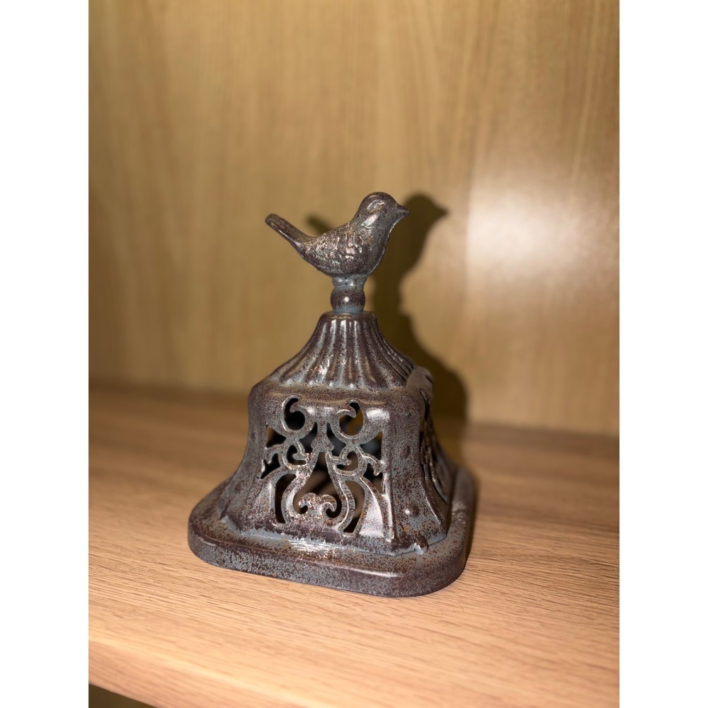 Vintage Rustic Cast Iron Bird Bell Decorative Bronze Scrollwork Tabletop Decor